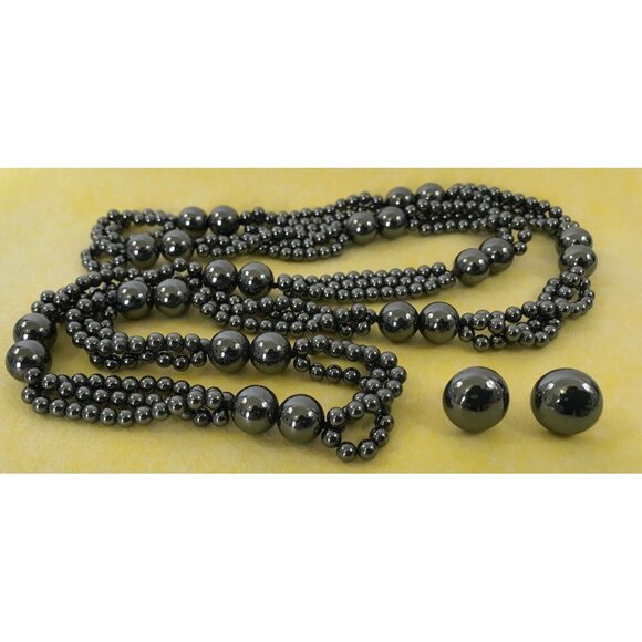151 grams Natural Hematite Stone Bead Necklace Estate Jewelry & Pierced Earrings - Picture 7 of 8